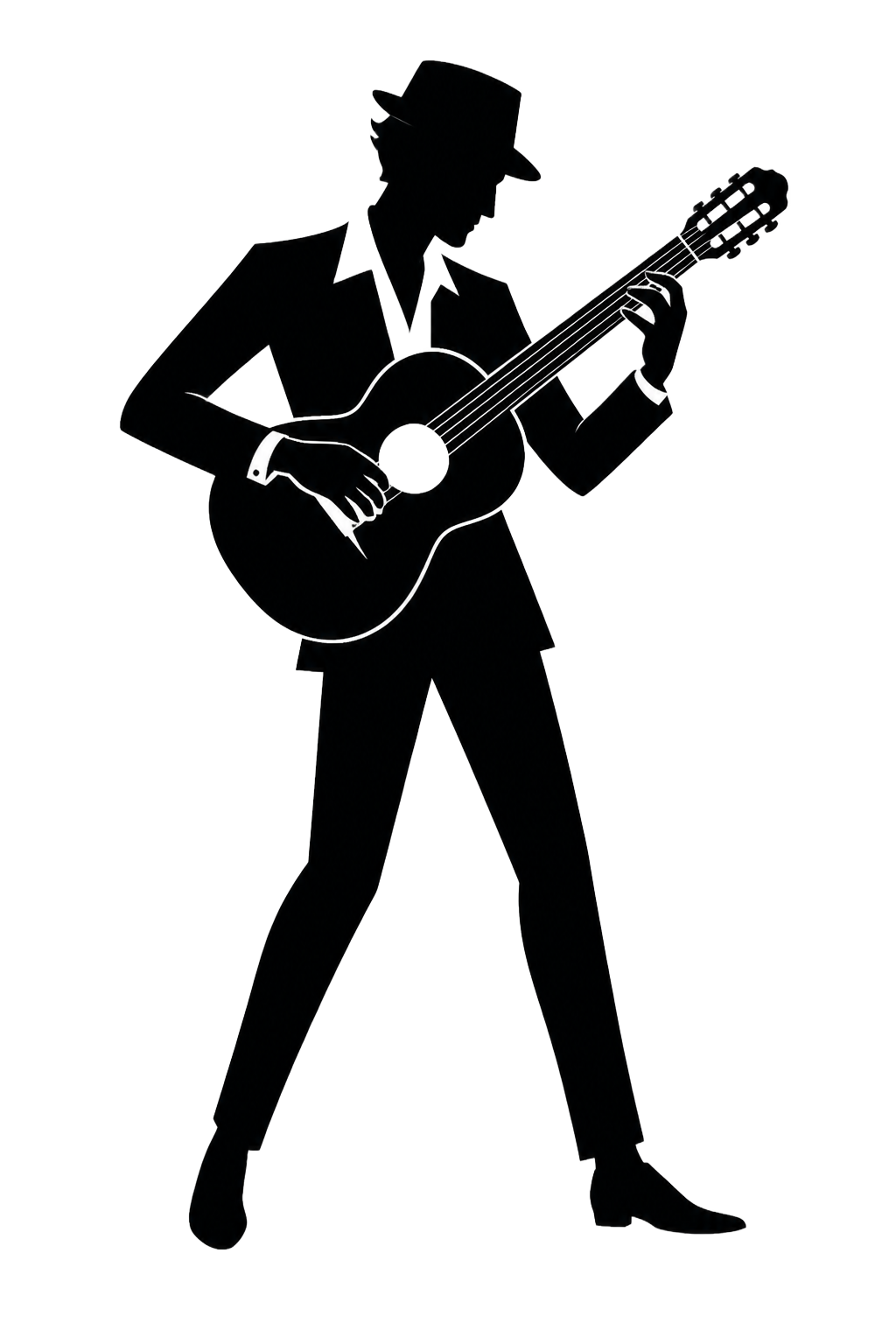 A guitarist in a wide stance, playing mid-performance